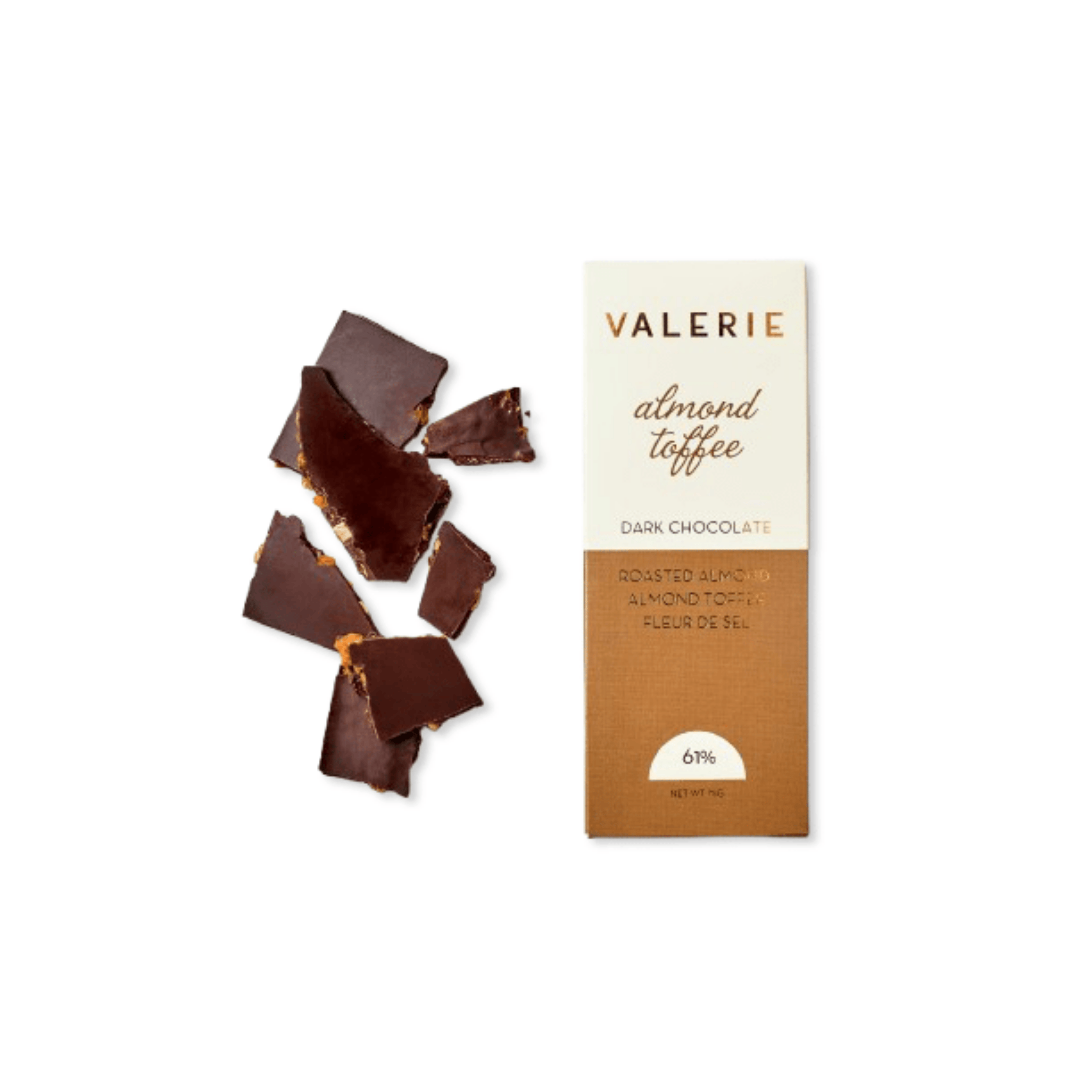 Almond Toffee Bar | 61% Dark Chocolate with Fleur de Sel - Valerie