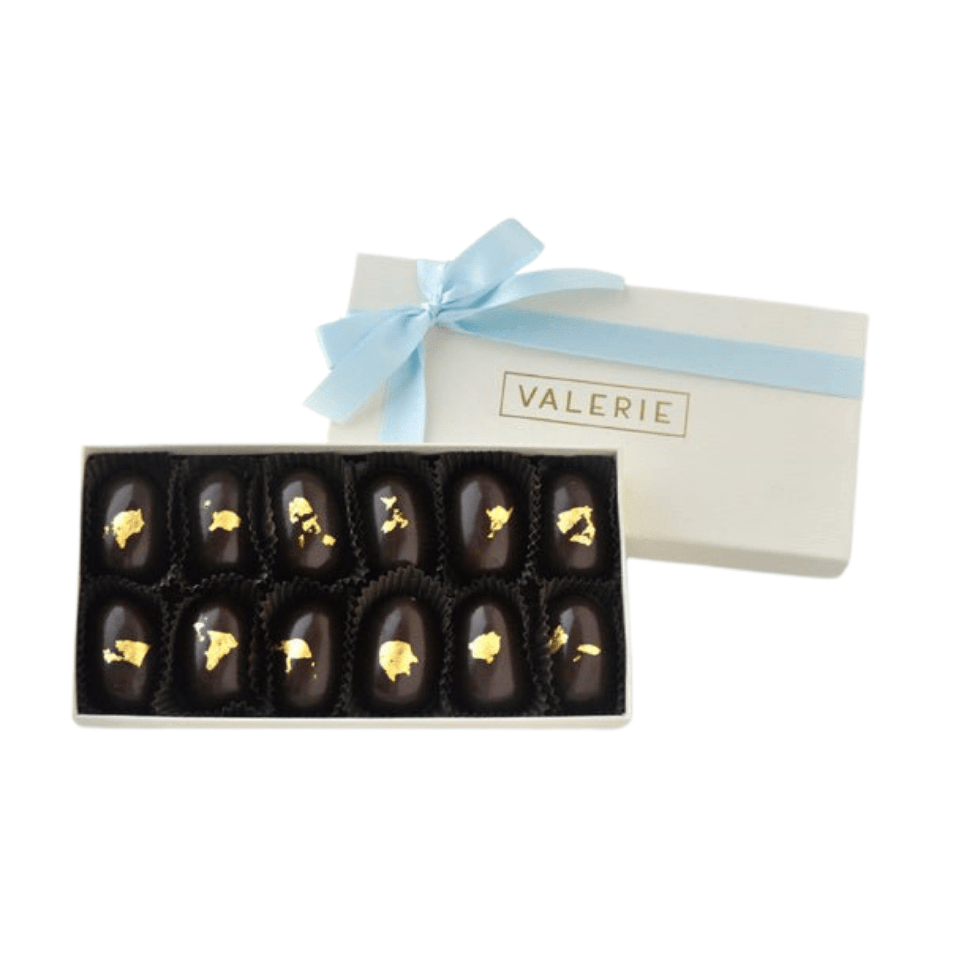 Assorted chocolate eggs in a decorative box with a 'Valerie' branded lid
