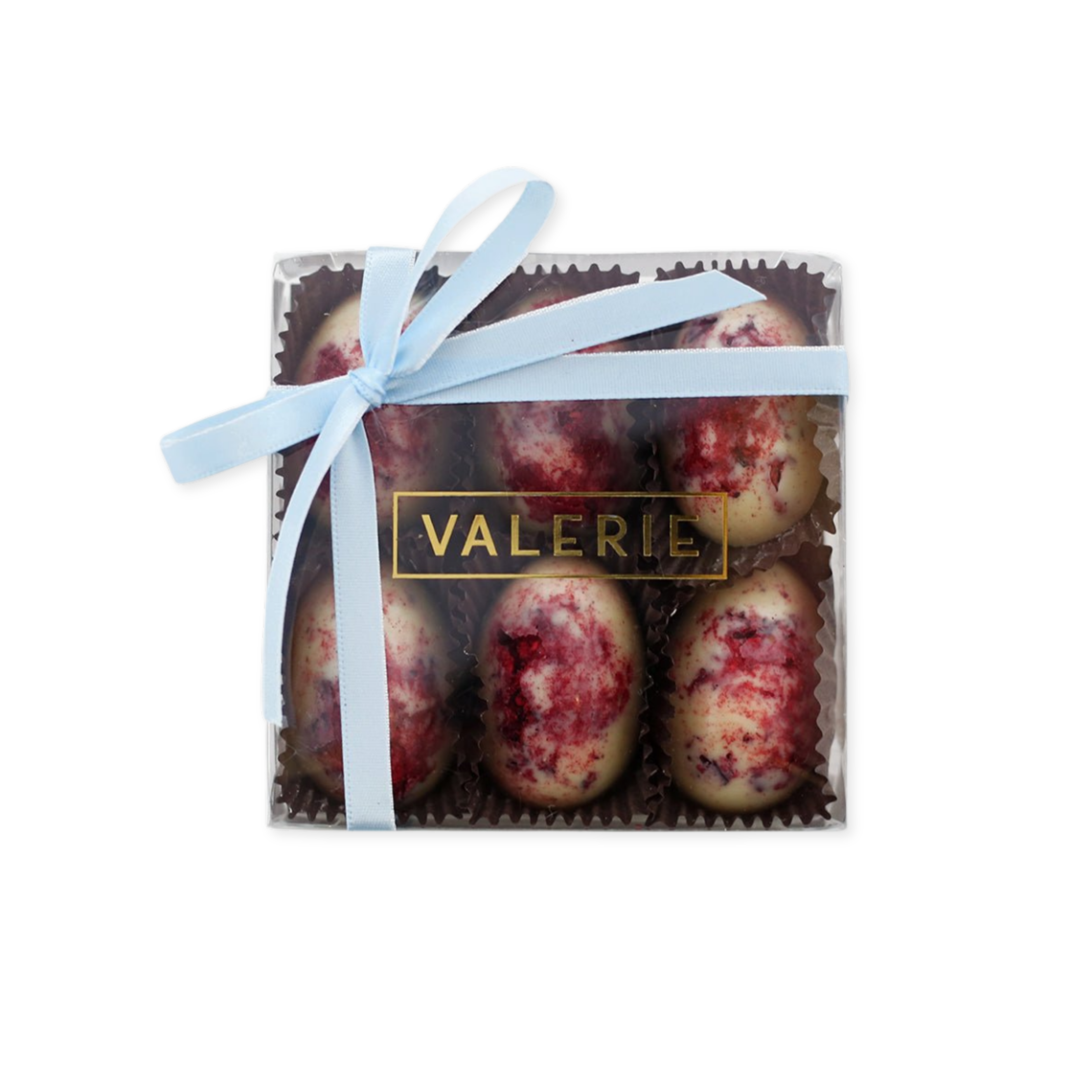 Box of chocolate eggs with a blue ribbon and 'Valerie' branding on a white background