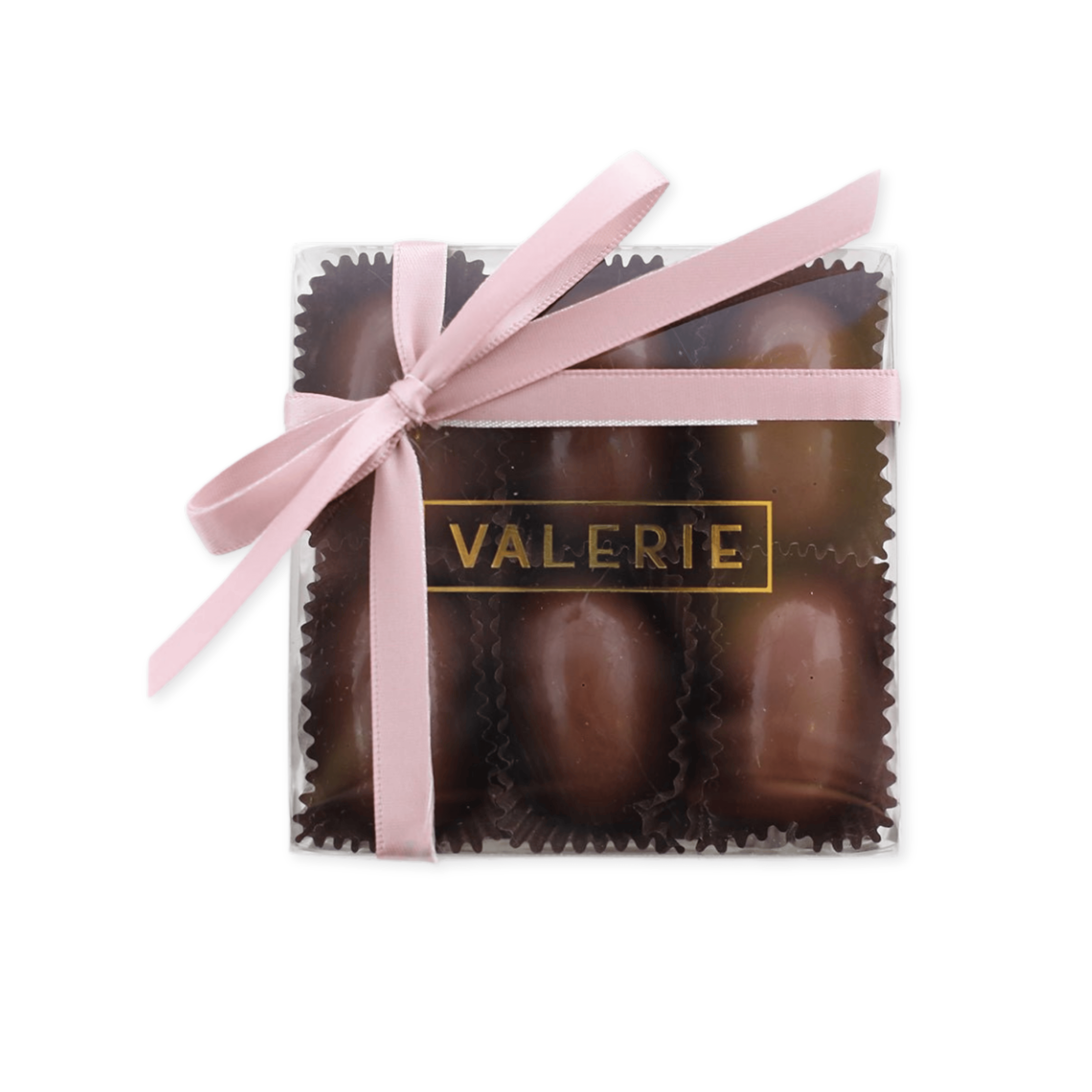 Packaged chocolate eggs with a pink ribbon and 'Valerie' branding on a white background