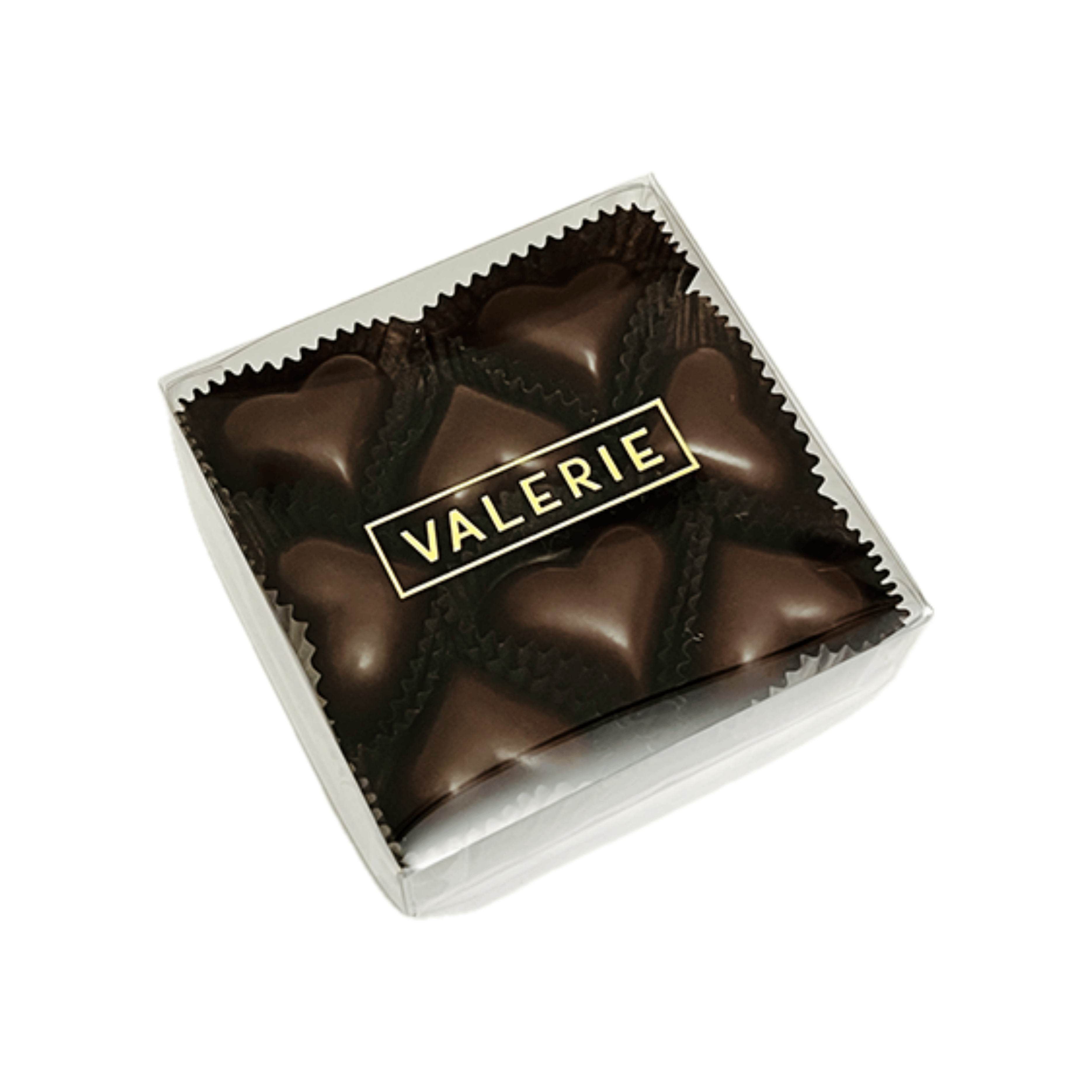Box of chocolate hearts with 'Valerie' branding on a white background