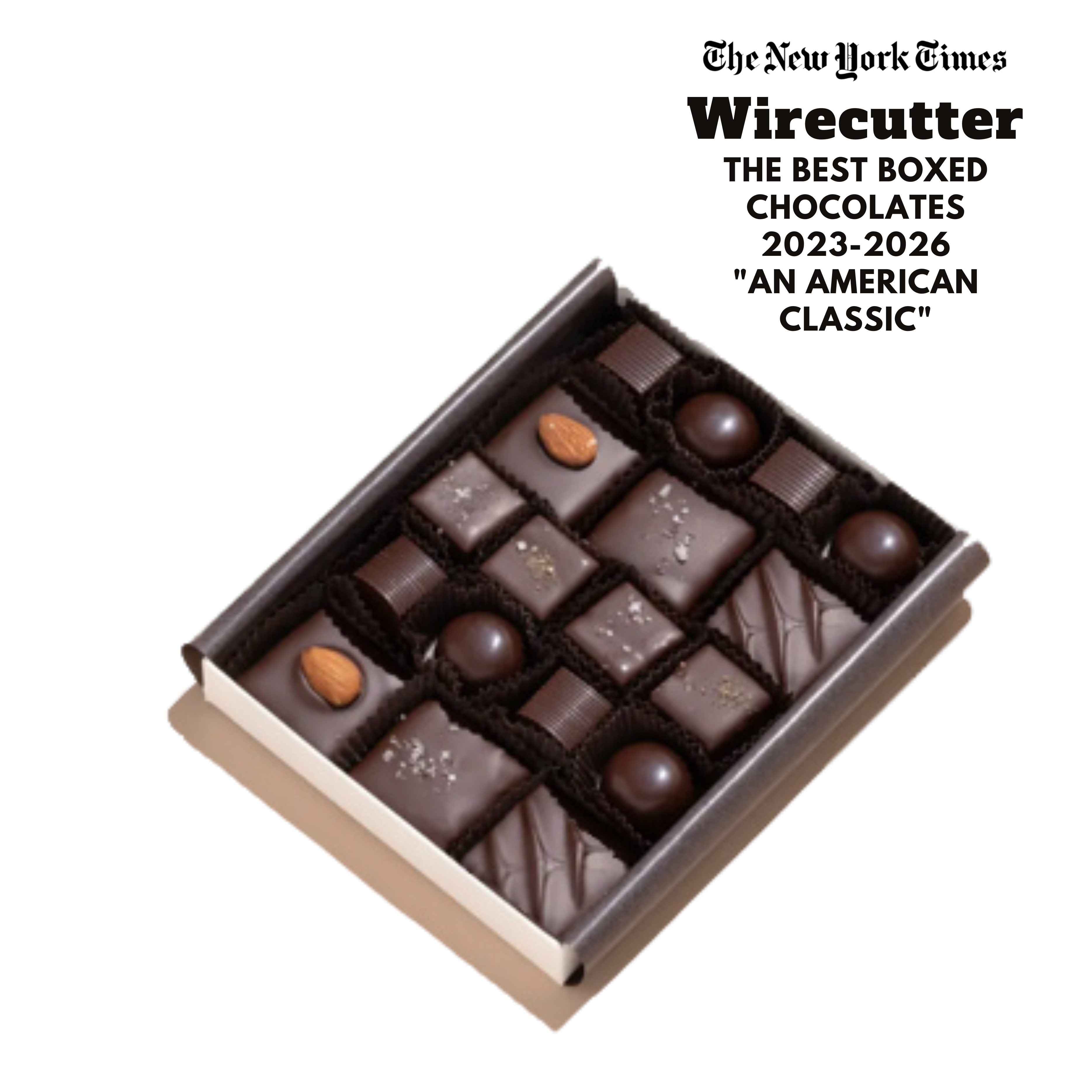 Box of chocolates with 'The New York Times Wirecutter' text on a white background