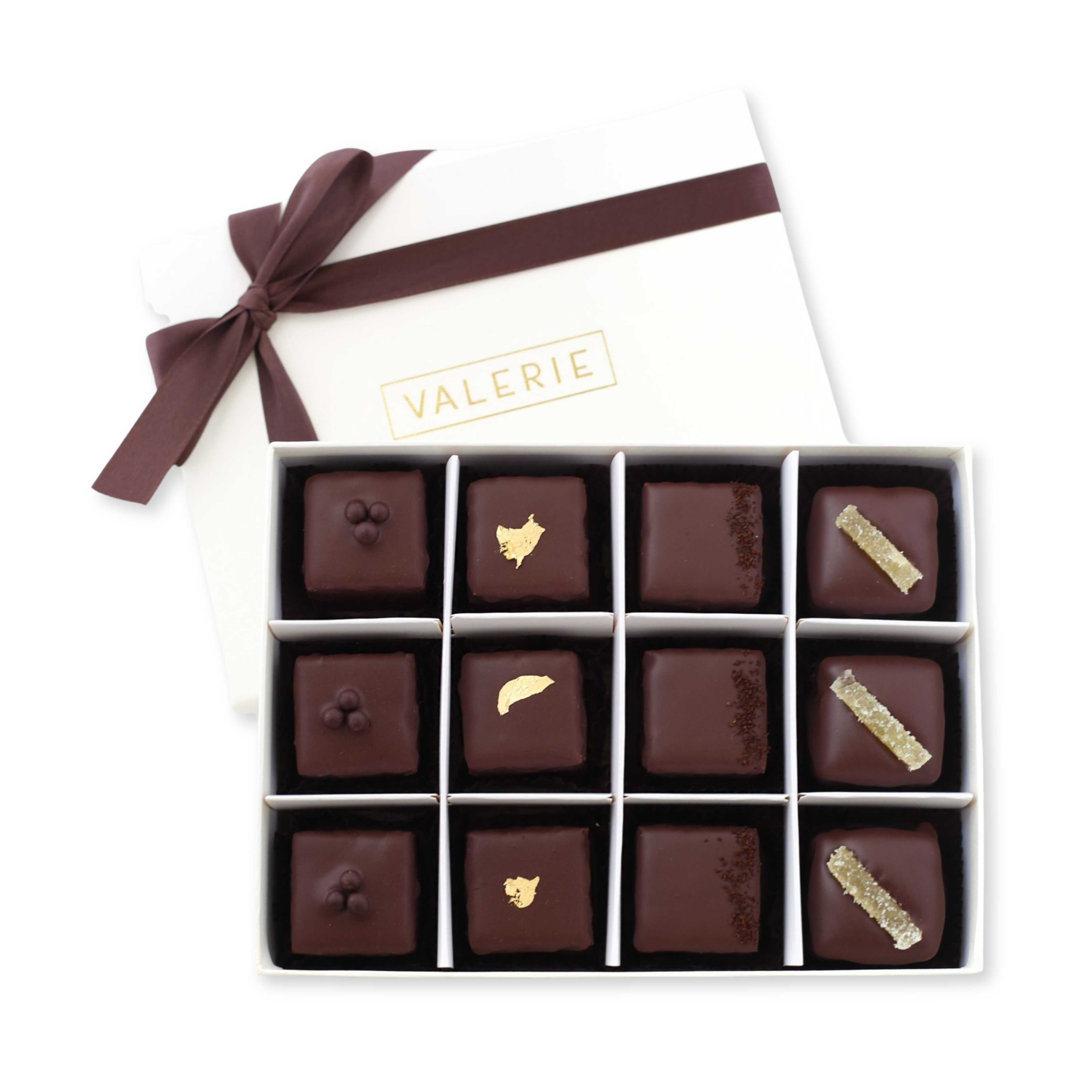 Bittersweet Chocolate Petits Fours with brown ribbon