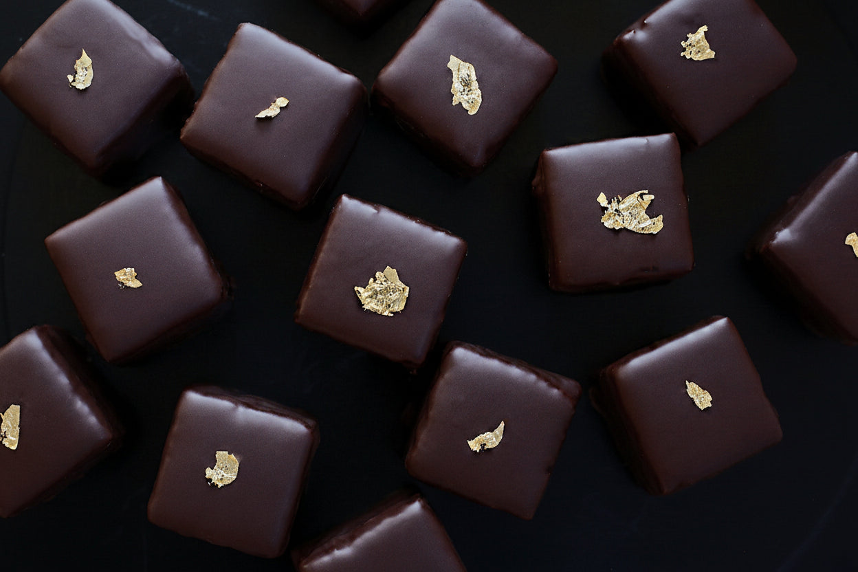 Chocolate-covered petits fours topped with gold leaf.