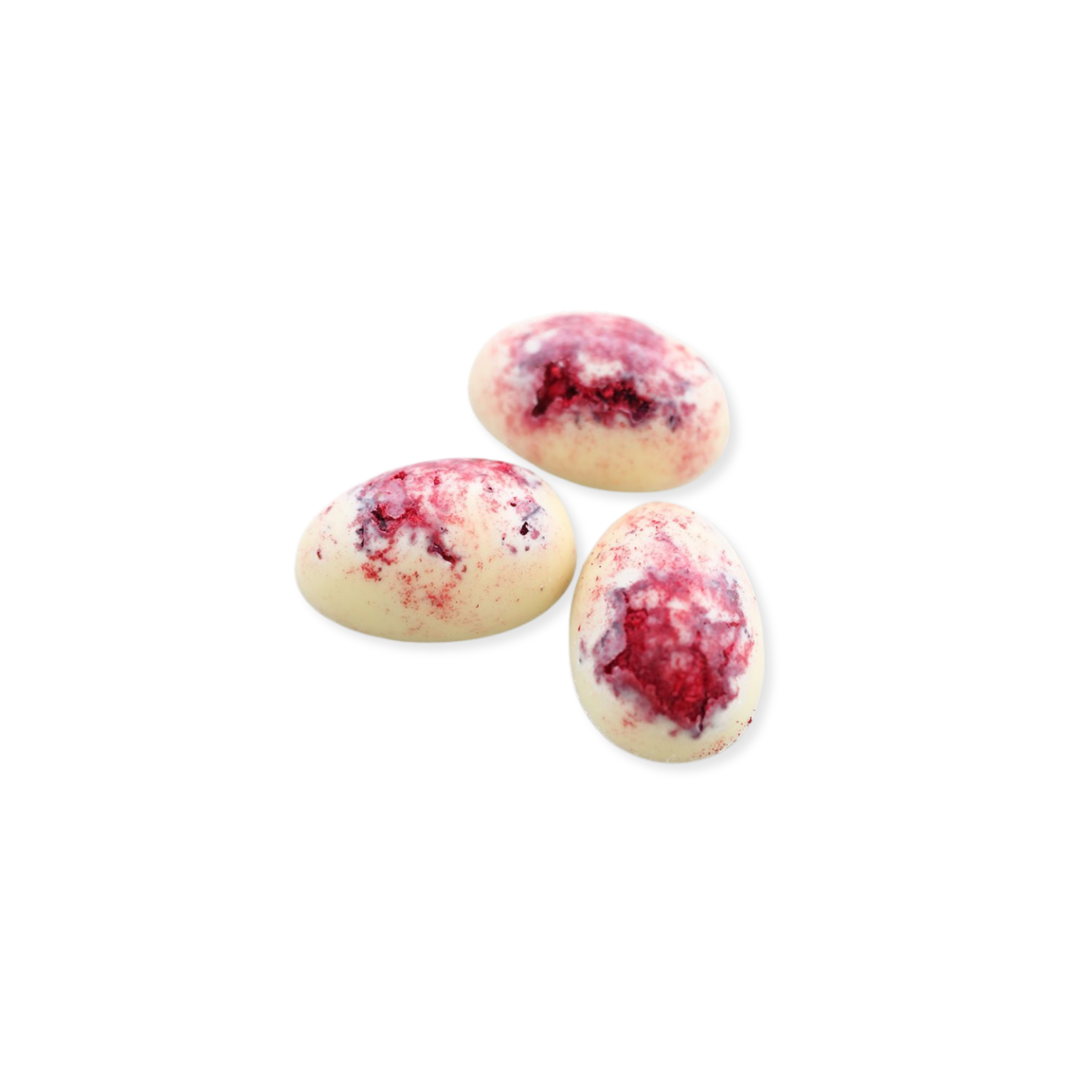 Three white chocolate eggs with red raspberry on a white background