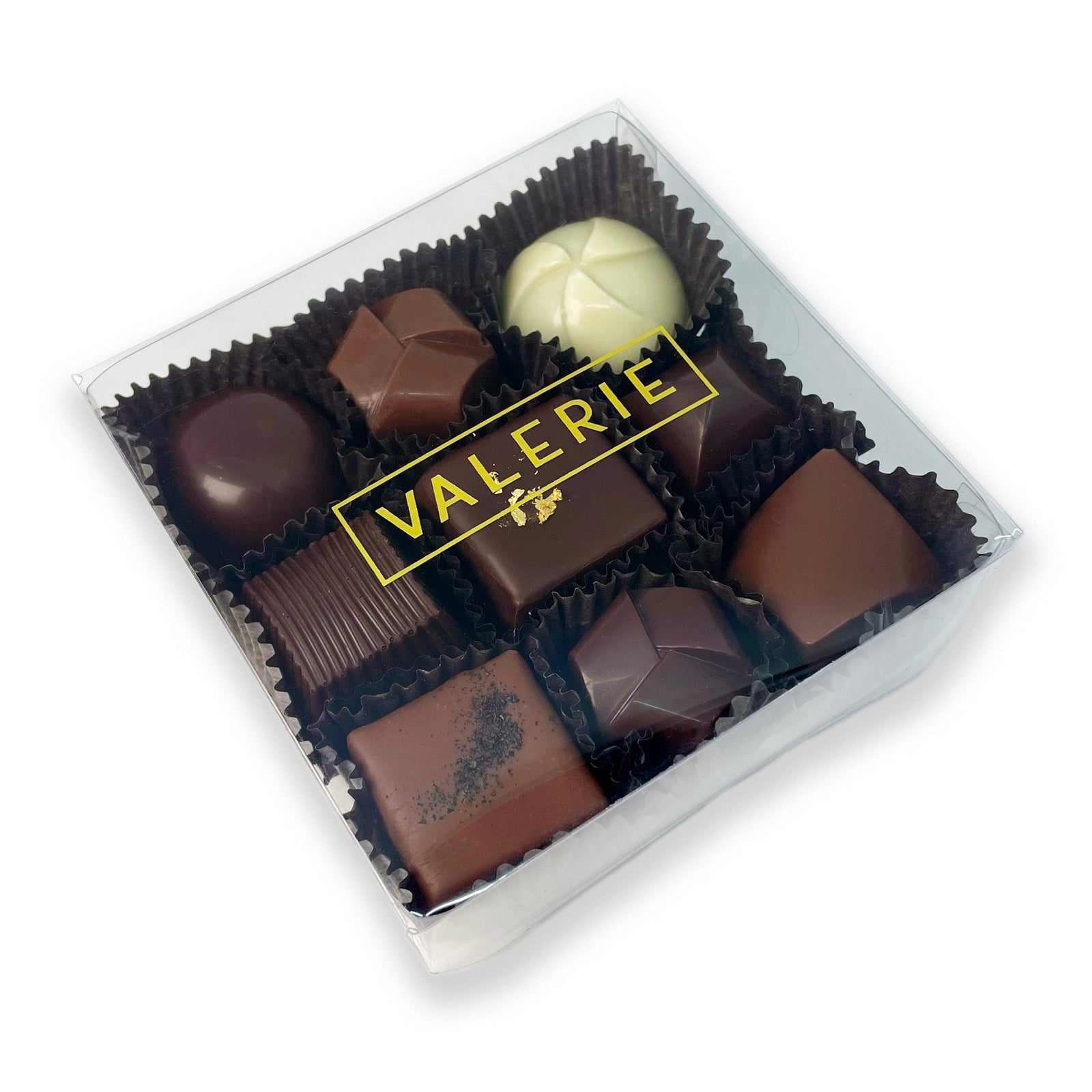 Small Truffle Assortment packaged in a clear box with a Valerie Confections logo.