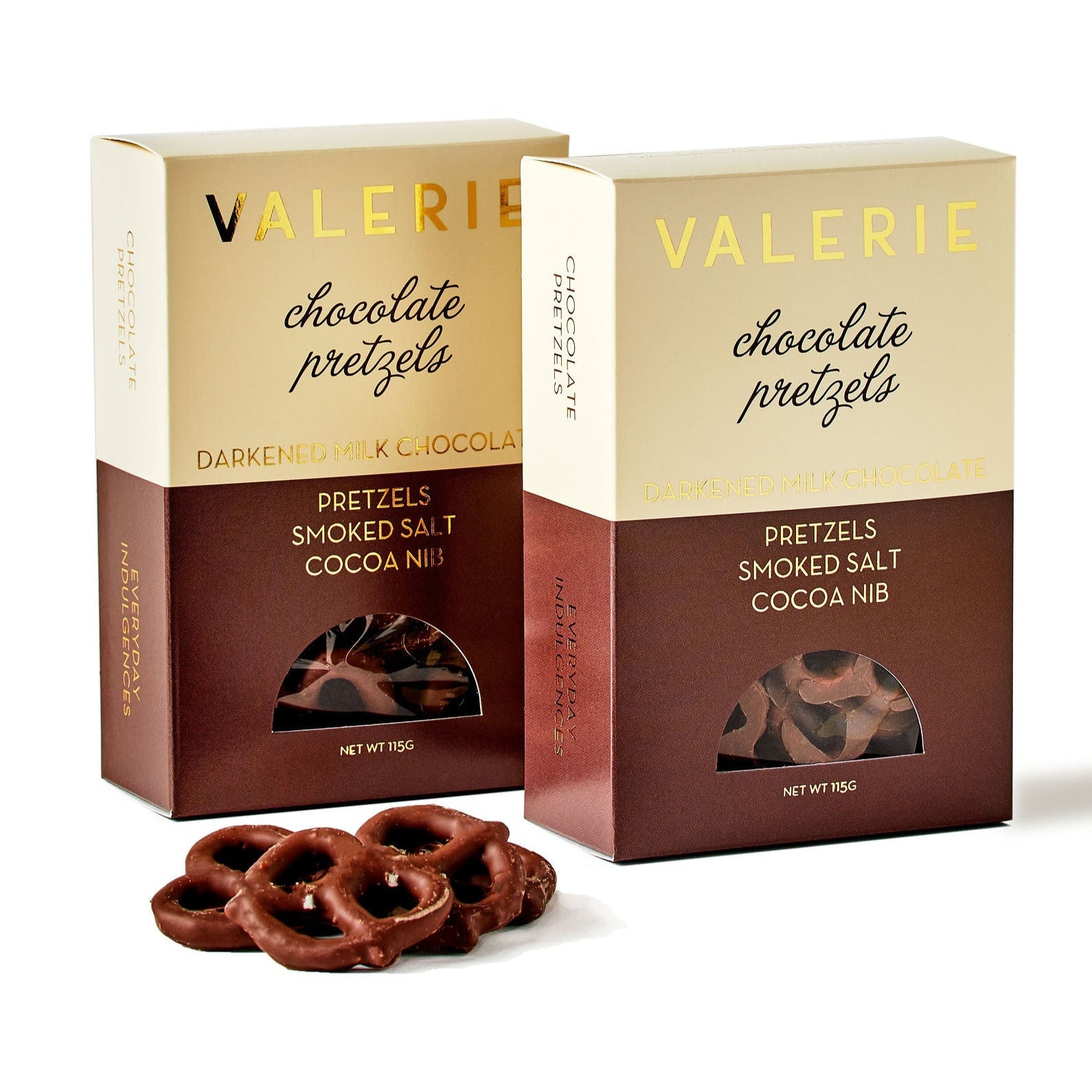 A gourmet combination of crunchy pretzels coated in darkened milk chocolate, finished with smoked salt and cocoa nibs.