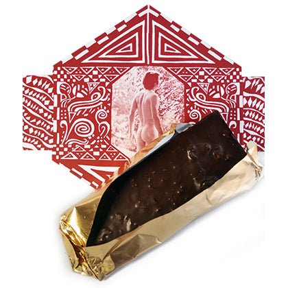 HOT GOOD MIX BAR partially unwrapped from gold foil, revealing its rich dark chocolate and textured ingredients.