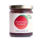 A 7-ounce jar of Strawberry Rhubarb Jam by Valerie Confections, featuring a minimalist label with a vibrant red and green design. Handcrafted with peak-season strawberries and rhubarb for a bold, tangy flavor.