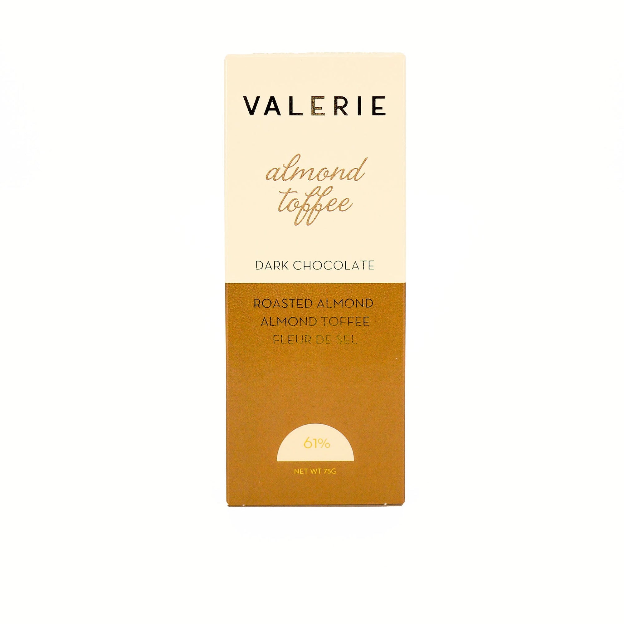 Valerie's Almond Toffee dark chocolate bar, containing roasted almond, almond toffee, and fleur de sel, with a cocoa content of 61% and weighing 75 grams.