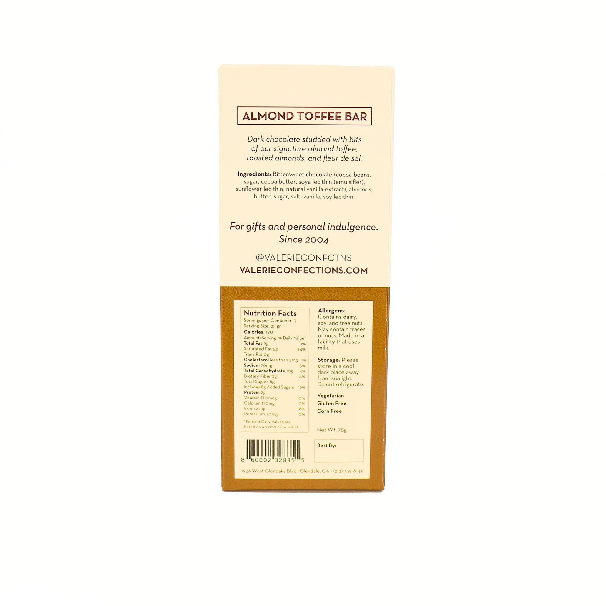 Back of Almond Toffee Bar packaging showing product description, ingredients, nutritional facts, allergen information, and contact details.