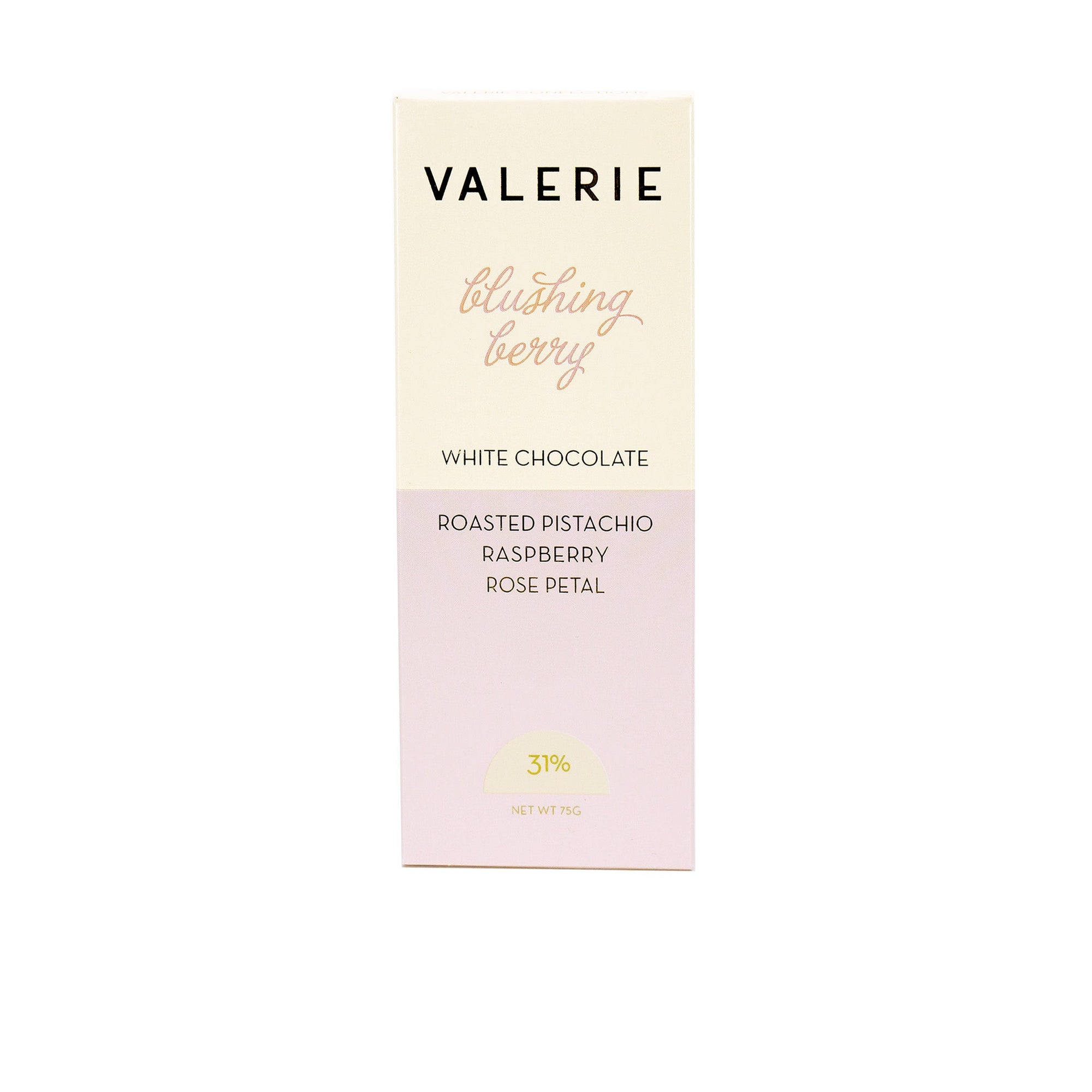 Valerie Blushing Berry 31% white chocolate bar with roasted pistachios, raspberries, and rose petals.