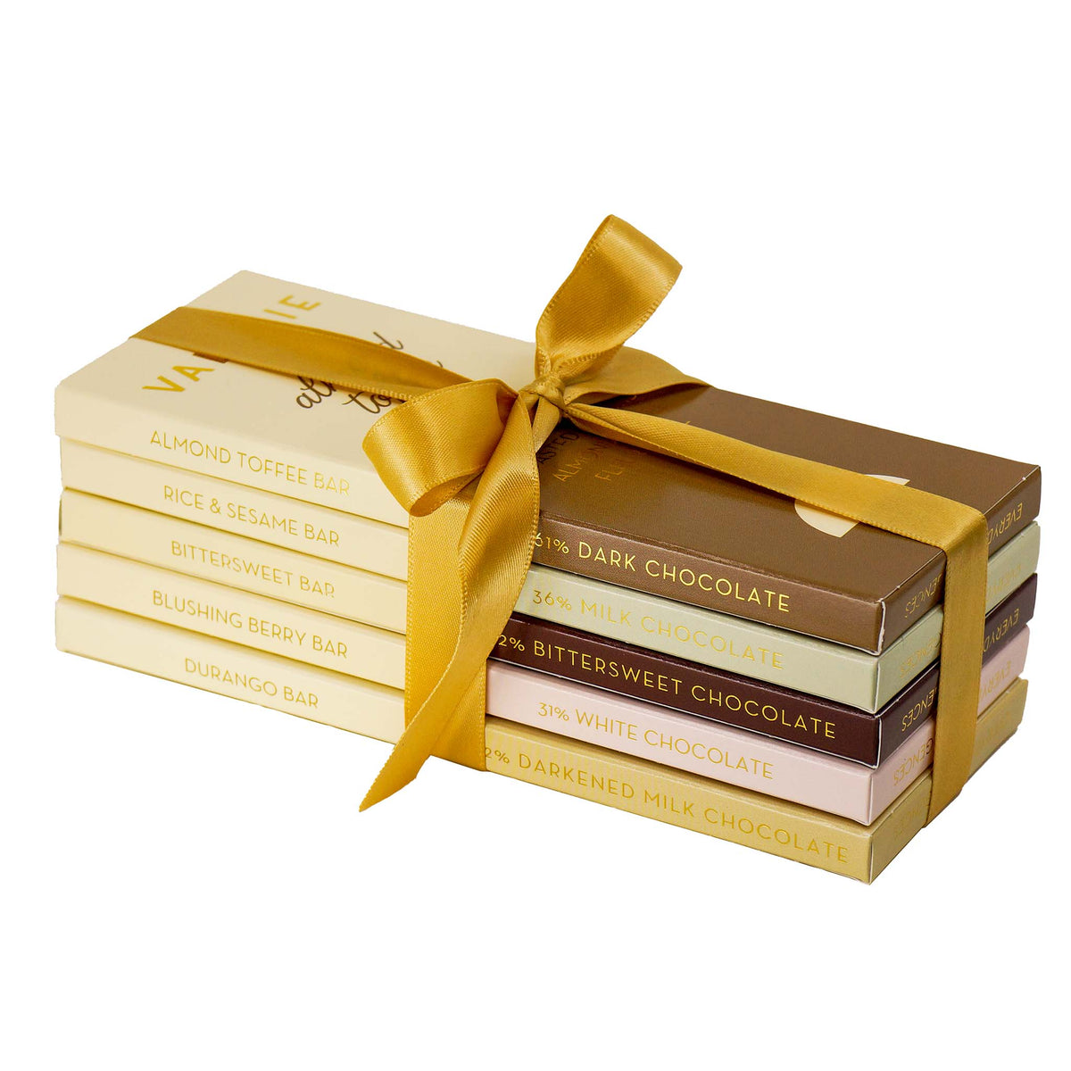 A stack of five Valerie chocolate bars tied with a gold satin ribbon.