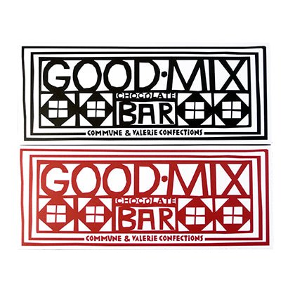 Two rectangular chocolate bar packages with bold designs; one in black-and-white and the other in red-and-white, both labeled "GOOD MIX BAR".