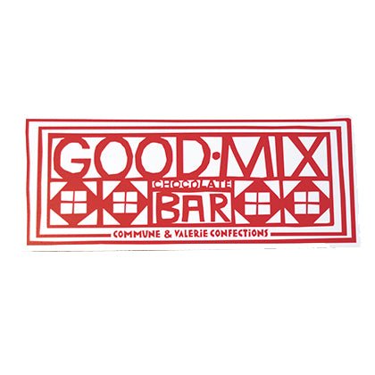 Packaging of Hot Good Mix Bar by Commune &amp; Valerie Confections in red and white geometric design.