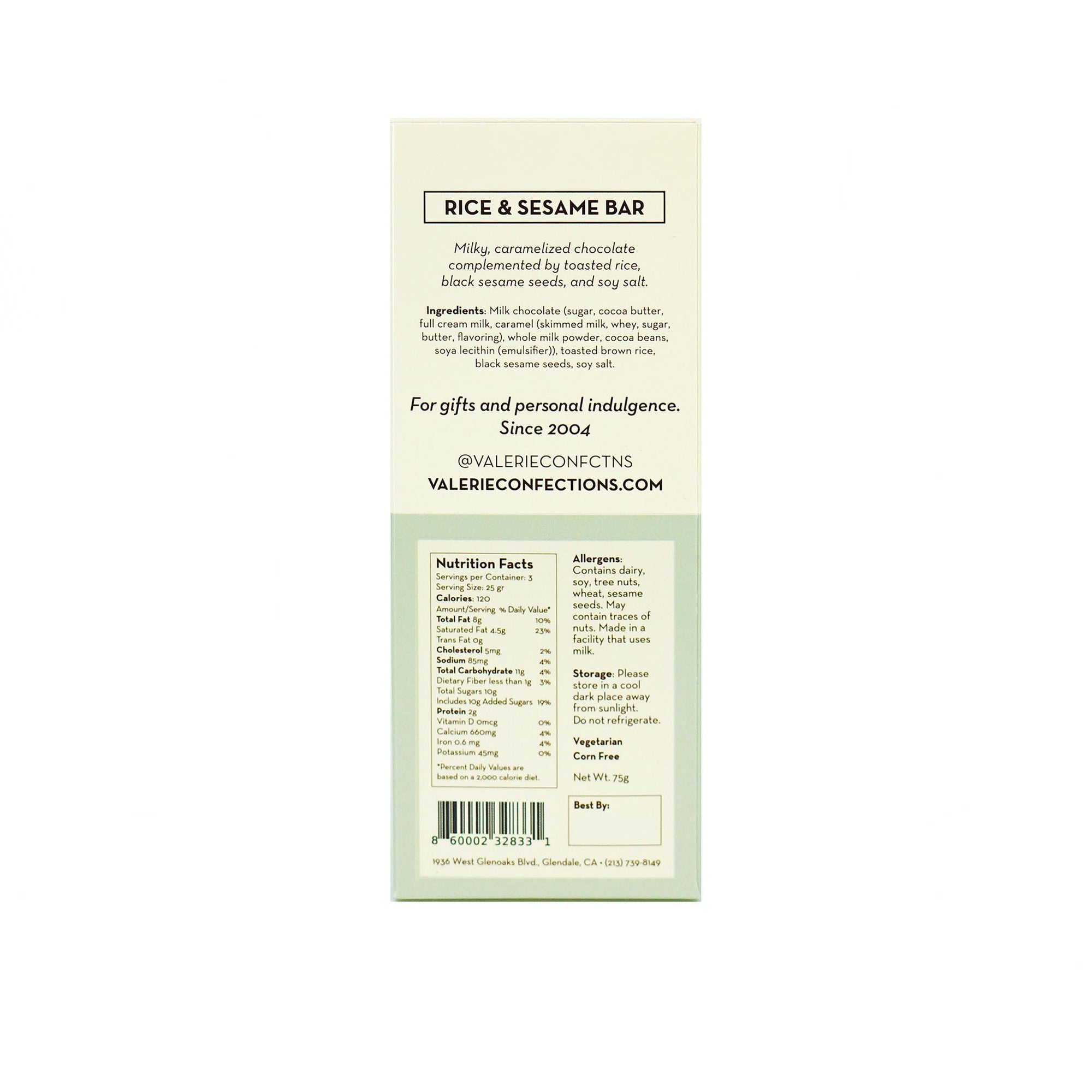 Back side of a "Rice & Sesame Bar" packaging with product details, ingredients, nutrition facts, allergens, and storage instructions.