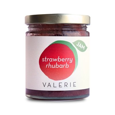 Jar of strawberry rhubarb jam with a white label and minimalist design, featuring the brand name "VALERIE."