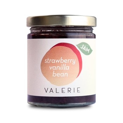 Jar of Valerie strawberry vanilla bean jam with a simple label.
