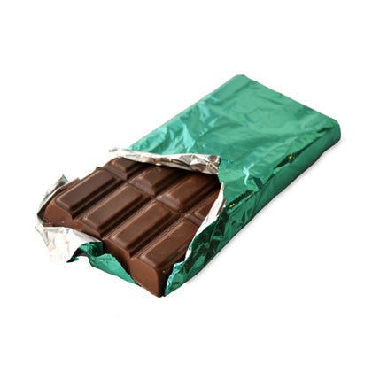 Partially unwrapped chocolate bar in an aqua-green and silver wrapper.